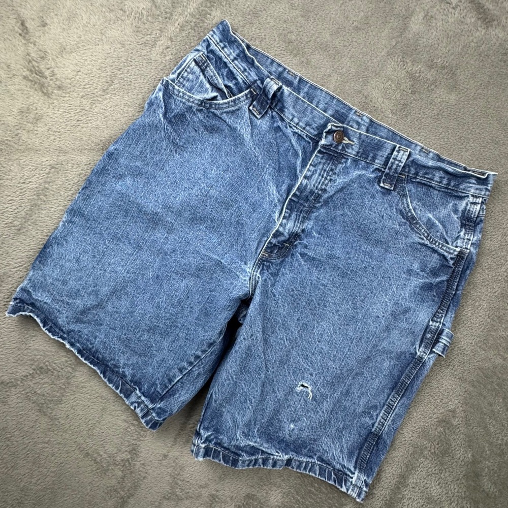 Wrangler Carpenter Shorts Mens 34 Blue Good Distressed Denim Workwear 64WC5DI